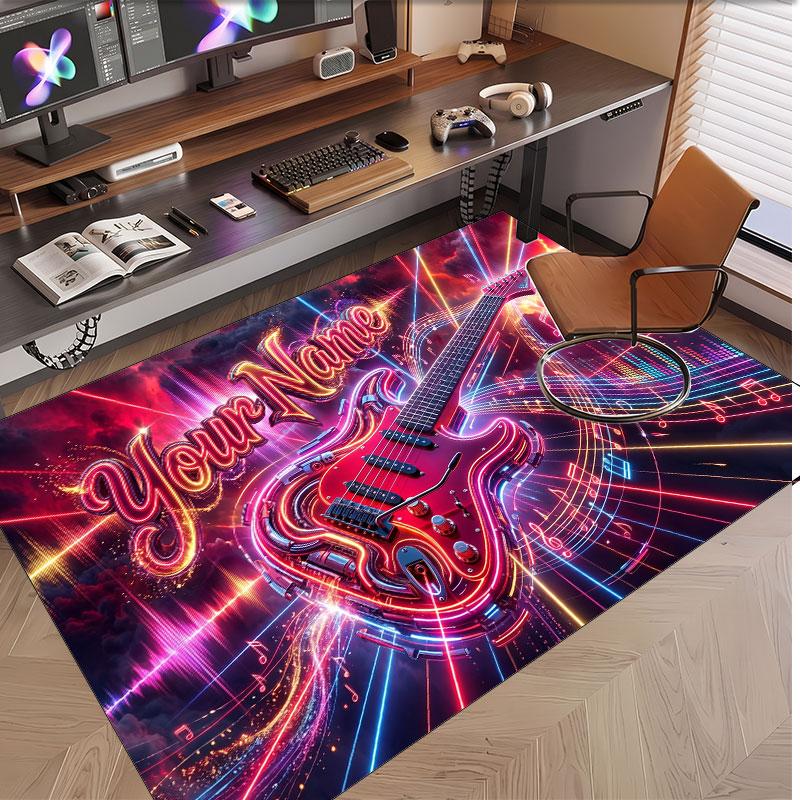 Music Guitar Theme Soft Crystal Velvet Rug Custom Name & Text Print Non Slip Floor Rug for Bedroom Living Room