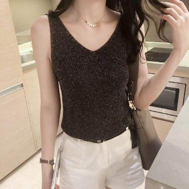 Black Undershirt Tank Thin Knit Vest Bright Silk Women Sexy Sleeveless Top Loose Causal Office Lady Korean Fashion Summer