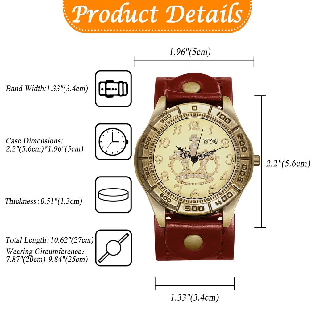 Fashionable Unisex Watch with Crown and Leather Strap: Waterproof, Cool, Retro, Classic, Stylish Analog Quartz Movement, Perfect Gift for