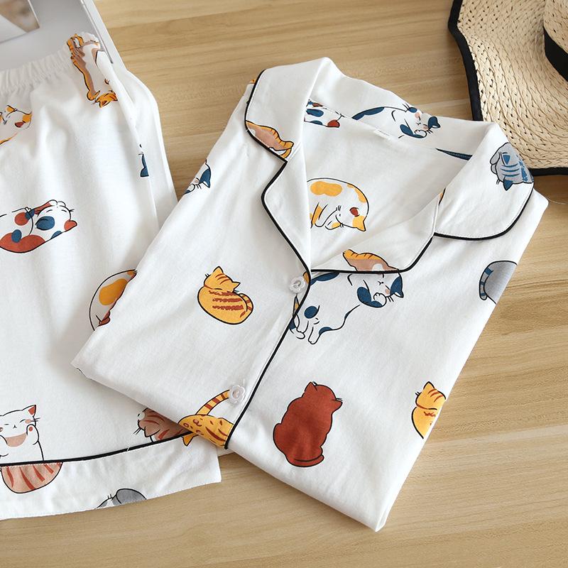 Summer Women’s Cute Japanese Cat Pajamas - Short Sleeve Cotton Cardigan & Shorts Set