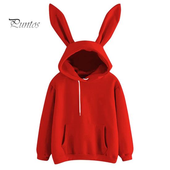Winter Hooded Sweatshirt Women Fall Hoodie Bunny Ear Decor Solid Color Loose Long Sleeve Cold Weather Elastic Cuff Drawstring Soft Warm Casual