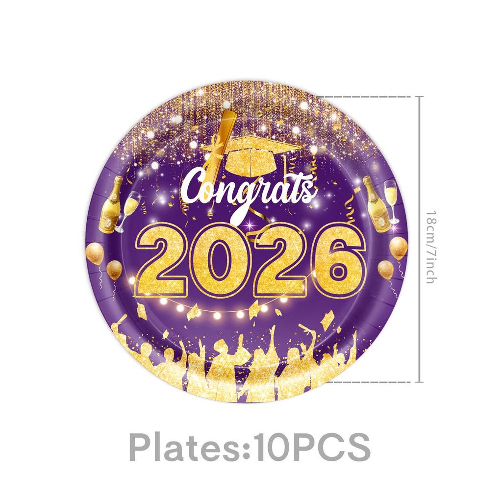 2026 Graduation Season Purple Gold Party Supplies: Paper Plates, Flags & Napkins