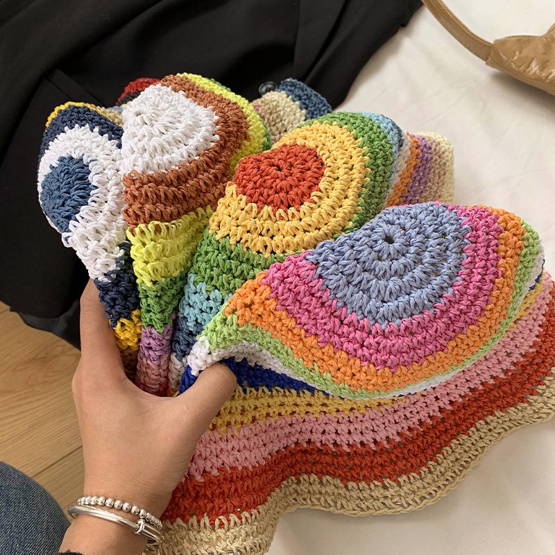 Di Lizheba Rainbow Hat Female Summer Visor Female Sunscreen Hat Dopamine Straw Hat Woven Bucket Hat