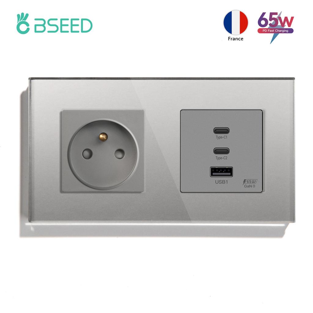 BSEED French Wall Socket 65W Double Type-c USB Sockets Super Fast Charging Ports Electric Power Outlets Crystal Glass Frames