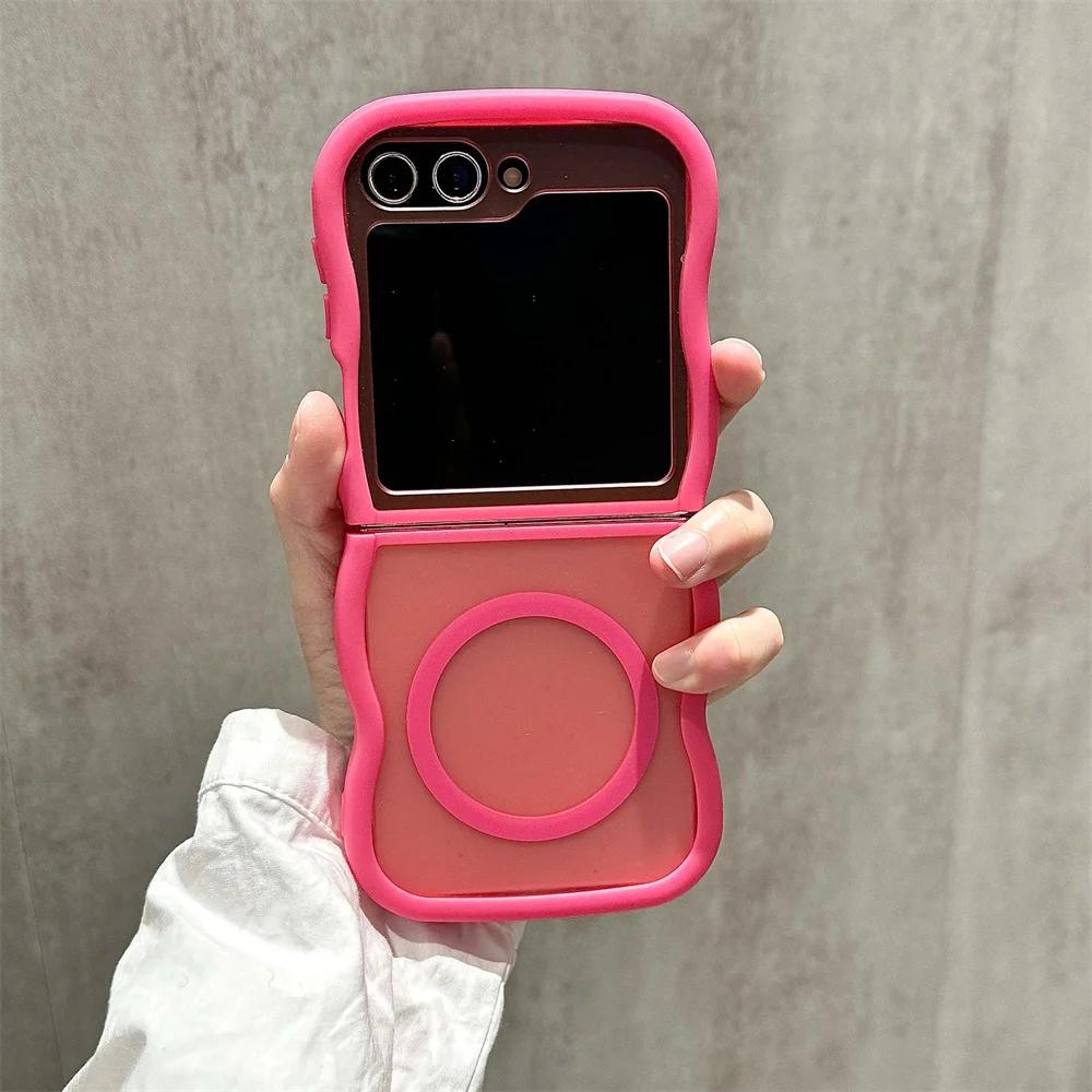 Curly Wavy Frame Hard Translucent Matte Clear Cover For Samsung Galaxy Z Flip 6 5 4 3 5G For Magsafe Magnetic TPU Phone Case