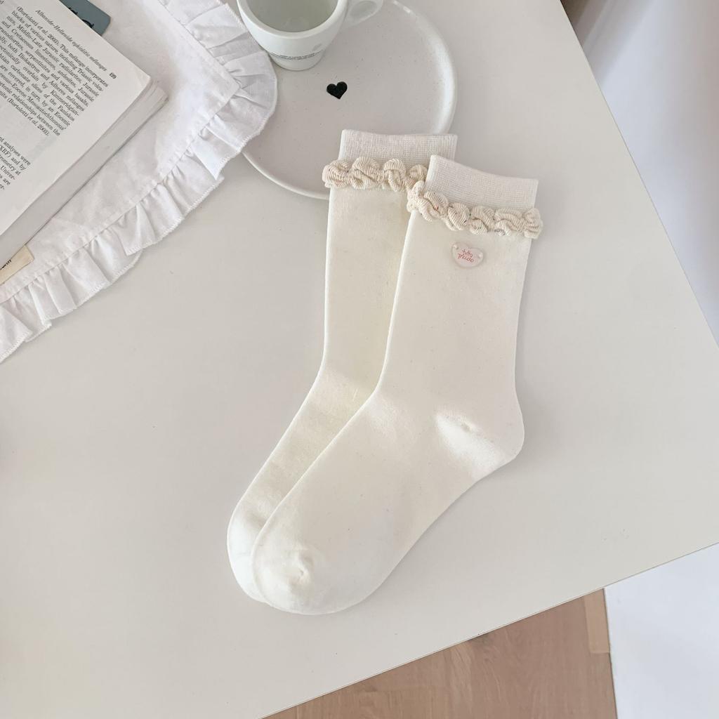 Ladies Spring and Autumn Love Button Accessories Embroidery Lace In Tube Socks