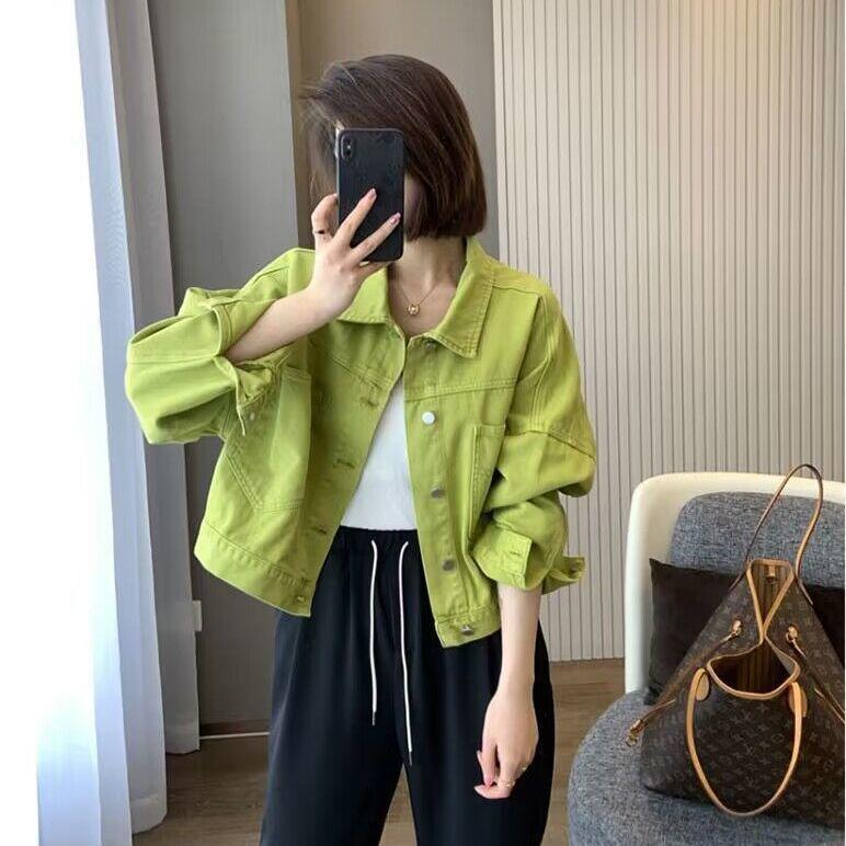 Korean Style Loose Denim Jacket for Women - Casual, Trendy, Short Jacket for Spring & Autumn S (suggested 85-105 jin) зелёный