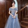 One-word shoulder blue evening dress skirt 1011 new banquet temperament light luxury niche host adult ceremony birthday dress