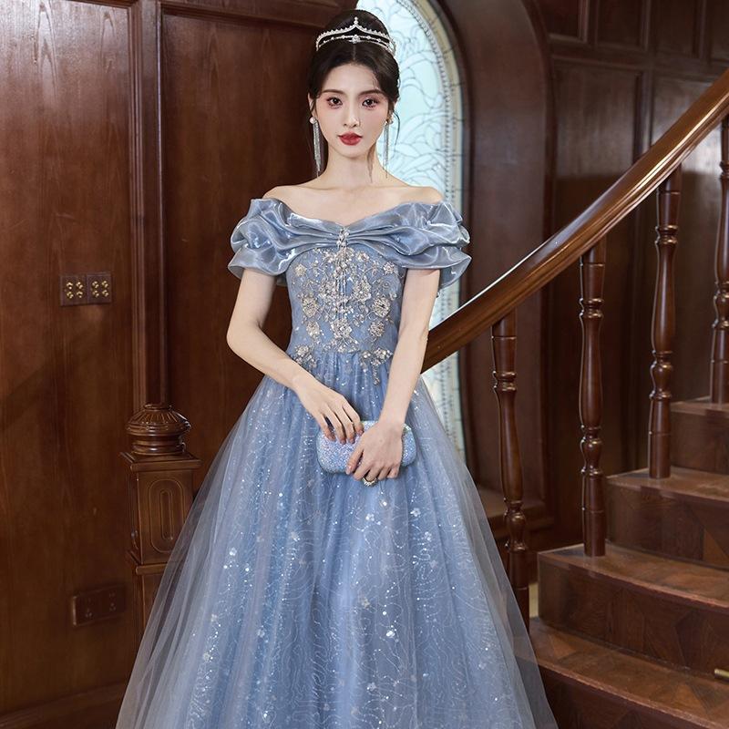 One-word shoulder blue evening dress skirt 1011 new banquet temperament light luxury niche host adult ceremony birthday dress