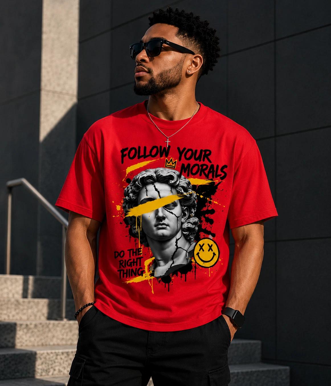 Follow Your Morals statue graphic Tee | Do The Right Thing, Yellow Accents L