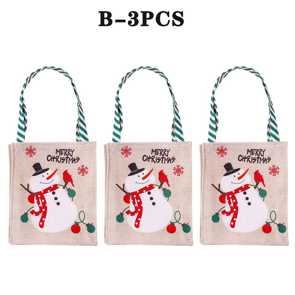 Christmas Candy Apple Pouch Santa Snowman Print Gift Bag Natural Jute Fabric Reusable Holiday Party Favor Storage