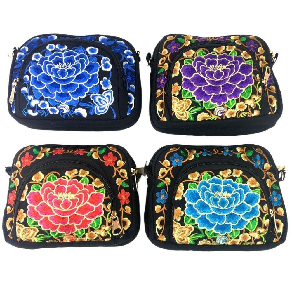 Peony Embroidery Flower Shoulder Bag Canvas Zipper Flower Purse Wallets  Daily
