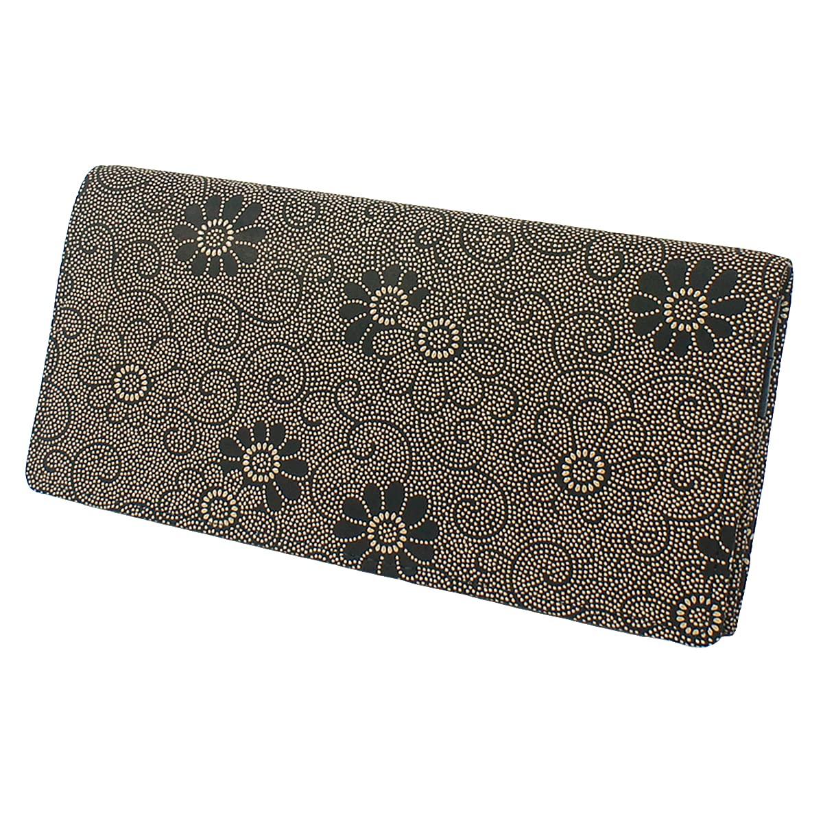 

[Inden-ya] Inden Long Wallet, Size M, with Coin Purse, Deerskin, Black with White Lacquer, Chrysanthemum Pattern, 2109-11-005