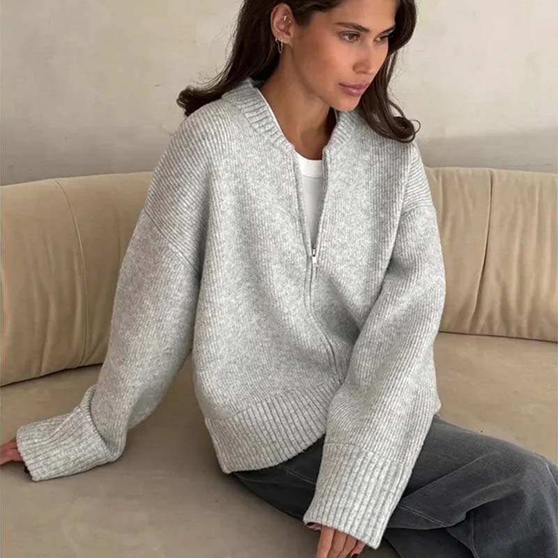 Women Casual O-Neck Knit Cardigan Autumn Winter Loose Long Sleeve Zipper Sweater Vintage Solid  All-matching Knitwear