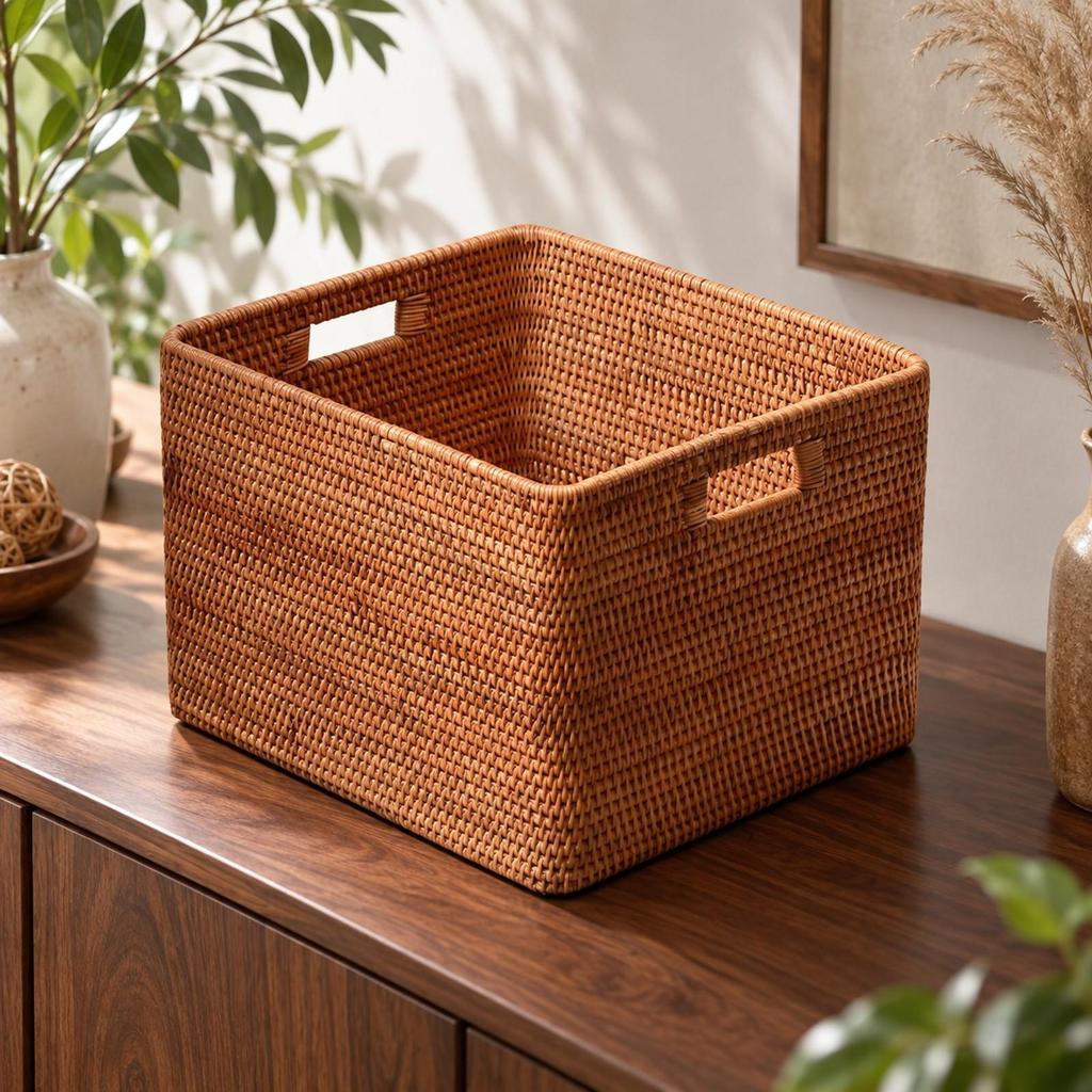 Rectangular Rattan Storage Basket with Handles Sturdy Handwoven