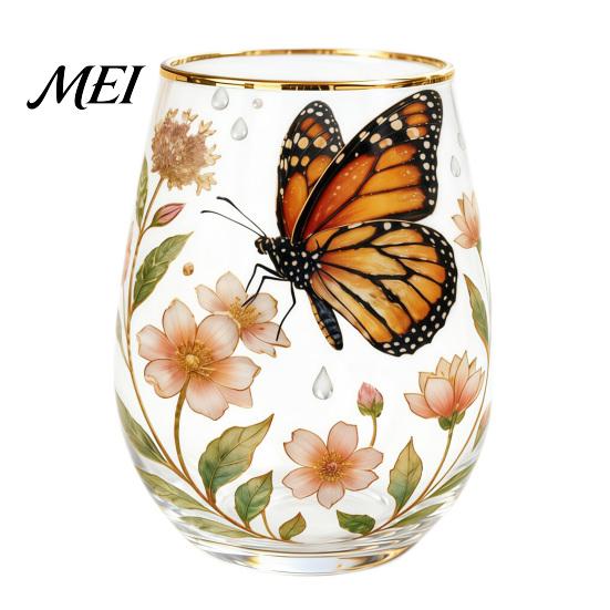 Traumhaftes Mädchen Stil Becher Handbemalter Glasbecher, Eiförmige Tasse mit Goldrand, Klarer Bleifreier Kerzenlicht Dinner Weinbecher für Tee Kaffee
