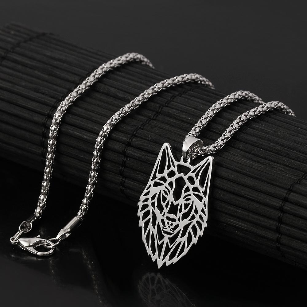 Hollow Wolf Head Pendant Necklace For Men Silver Stainless Steel Punk Long Chain Jewelry