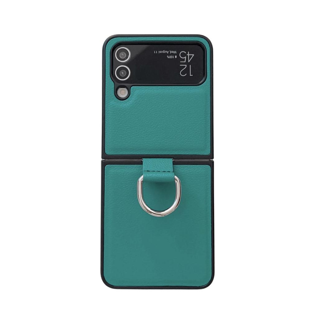 Samsung Z Flip7/6/5 Leather Pattern Ring Case - Drop Protection, Solid Color, Foldable Phone Cover