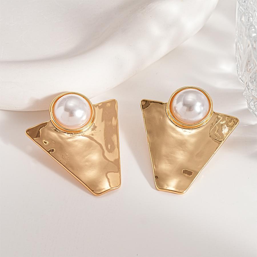 Metallic imitation pearl geometric triangle silver needle stud earrings personalized temperament earrings