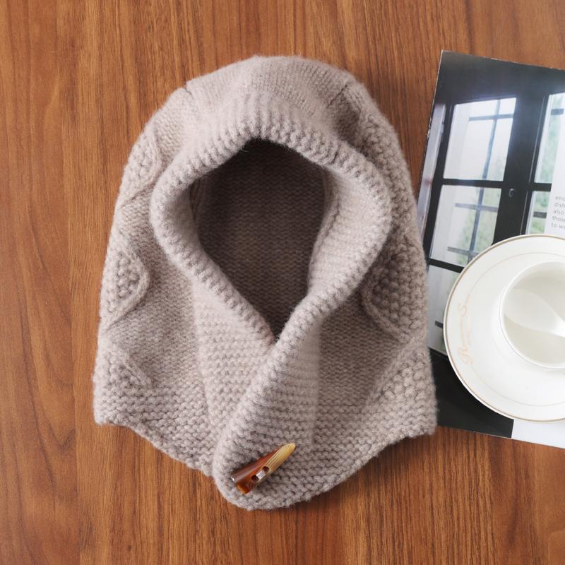 

100%Wool Thick Cow Horn Buckle Balaclava Women Knitted Fashion Fake Collar Hooded Scarf Hat Soft Warm Cashmere Cycling Ski Cap One Size верблюд