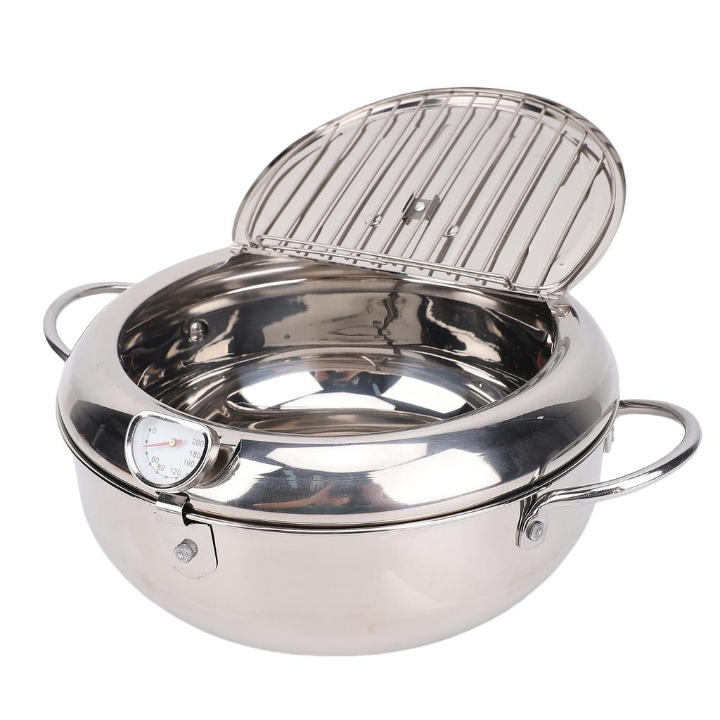 Frying Pot 3.2L Double Ear 201 Stainless Steel Deep Fryer Pot with Oil Drip Drainer Rack Thermometer for Tempura