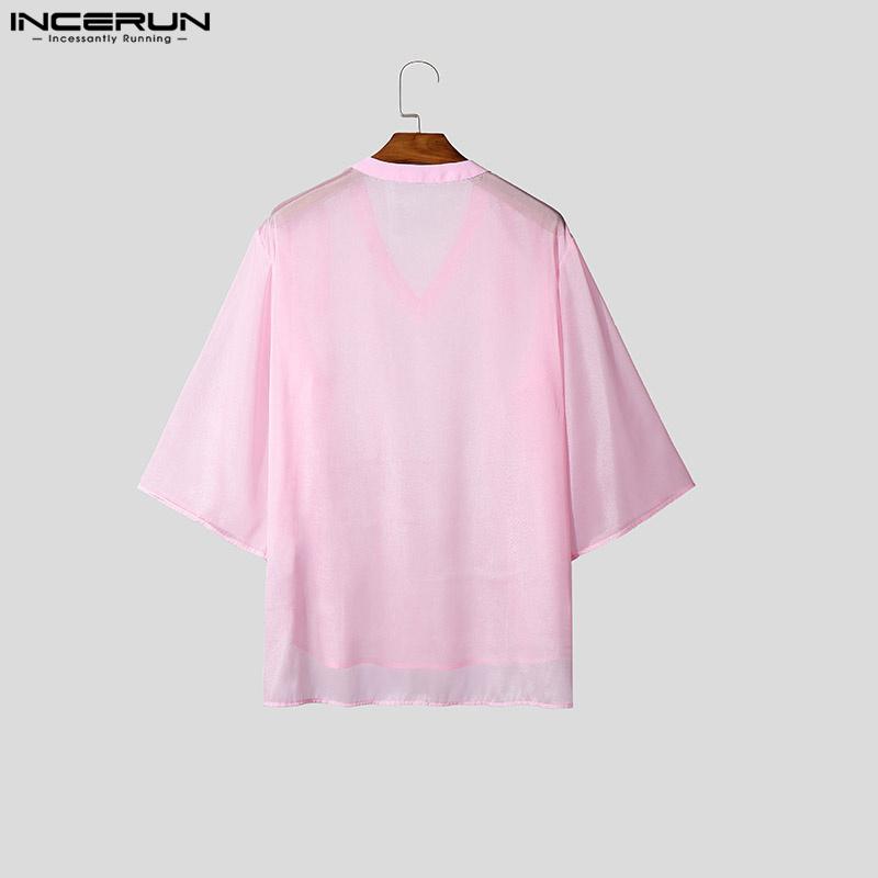 INCERUN Men 3/4 Flare Sleeve Mesh See Through Loose Party Club Shirts Tops