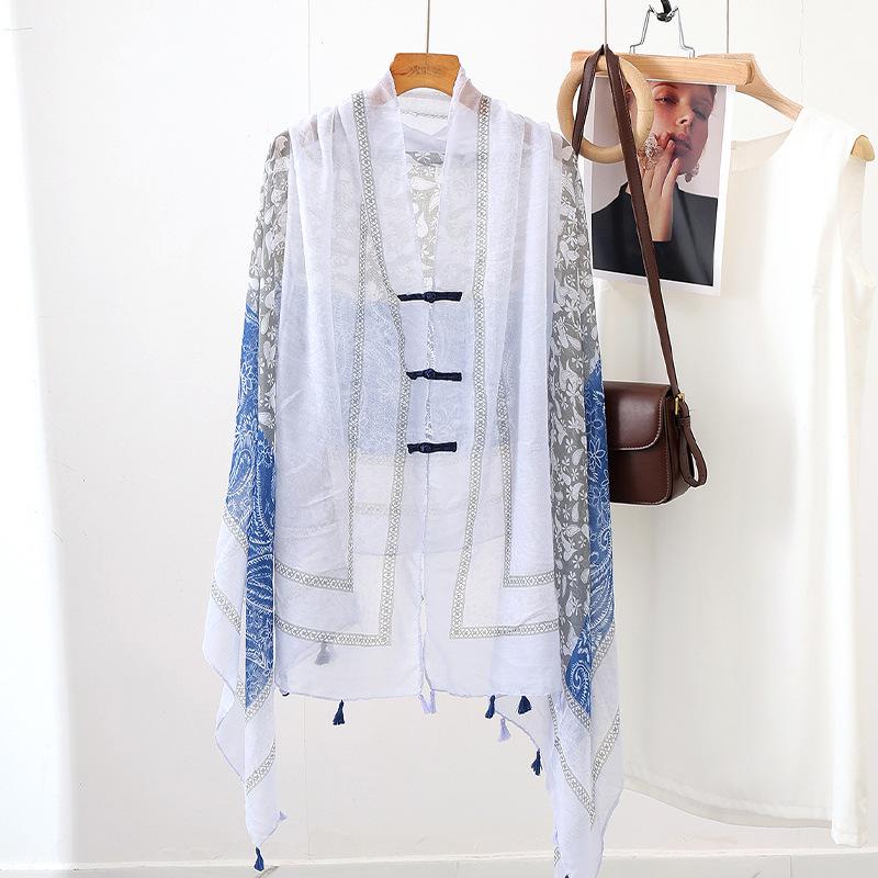 "Summer Ethnic Style Cotton-Linen Shawl: Handmade Retro Button Sunscreen Beach Cover-Up"