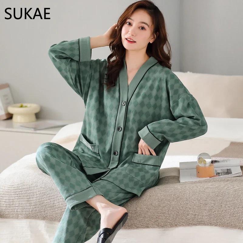 SUKAE New M-5XL Autumn Winter New Cotton Women Pajamas Lady Pijamas Set Loungewear Kimono Cardigan Long Sleeves V-neck Homesuit