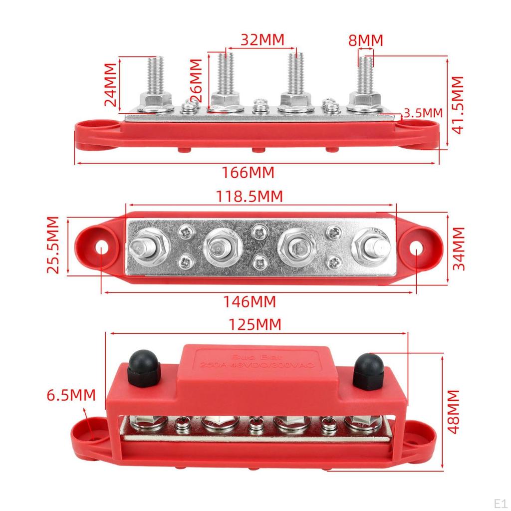 2 Pieces 4Way Bus Bar 48V DC 250A Positive and Negative 4 Terminal Post Junction Block for
