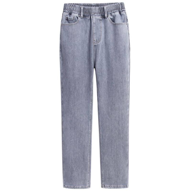 2026 Plus Size Women's Gray High Waist Straight-Leg Jeans with Elastic