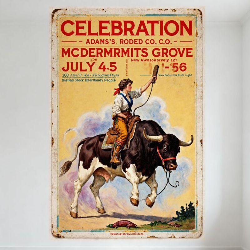 

Vintage Rodeo Celebration Poster Metal Sign, Adams’ Rodeo Co., McDermurmits Grove July 4-5 Event, Woman on Bull Tin Sign for Bar 20x30cm（7.8x11.8inch）