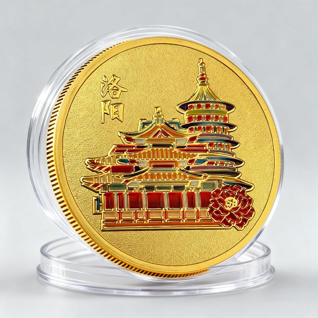 Luoyang Ancient City Metal Commemorative Coin, Peony Flower, Ancient Architecture Pattern Tourist Attraction Commemorative Medal, Cultural Creative