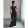 Women's Relaxed Fit Two Piece Pantsuit Sleeveless Blazer Top High Waist Wide Leg Trousers Solid Color Elegant Commuter Matching Outfit