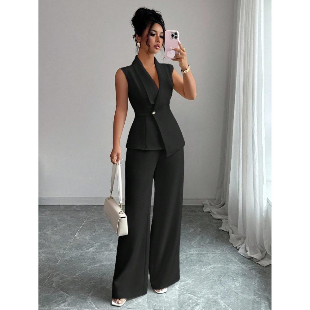 Women's Relaxed Fit Two Piece Pantsuit Sleeveless Blazer Top High Waist Wide Leg Trousers Solid Color Elegant Commuter Matching Outfit