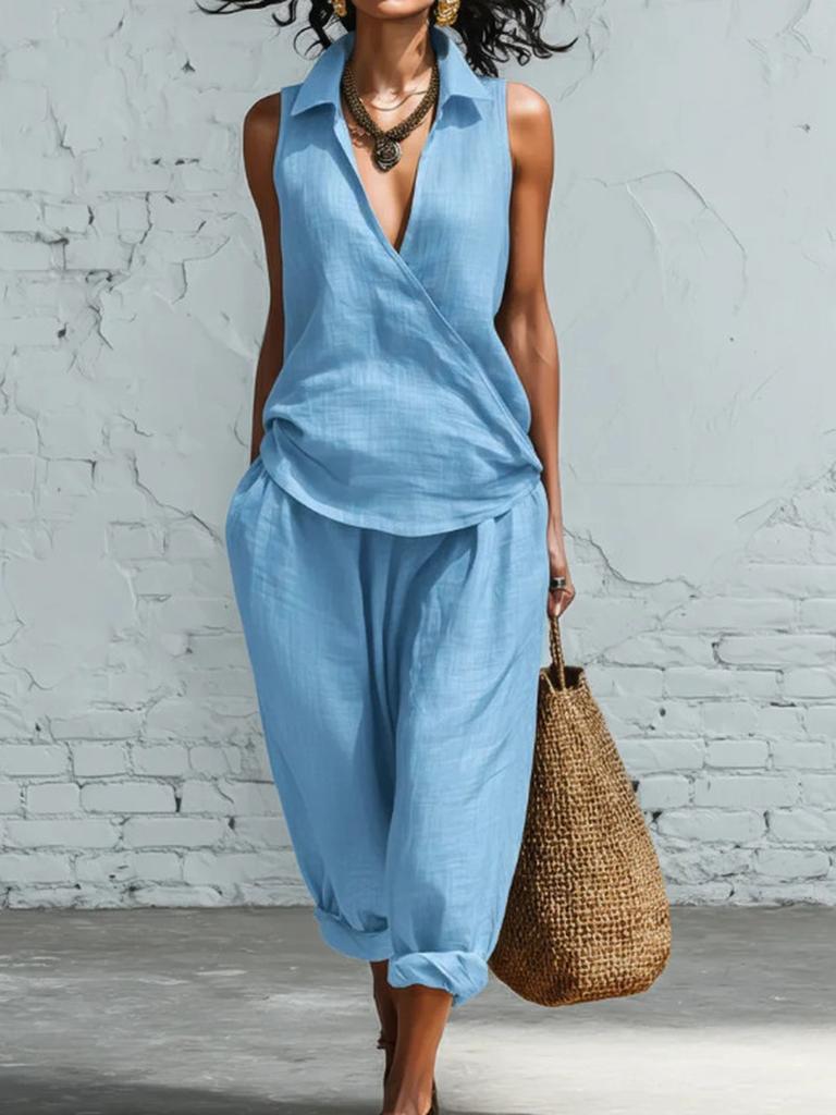 Women's Summer Spring New Arrivals Casual Shirt and Wide Leg Pants Linen Two Piece Set