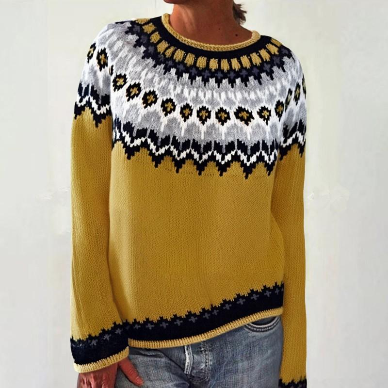 Womens Round Neck Colorblock Loose Knit Sweater Street Style Casual Pullover With Geometric