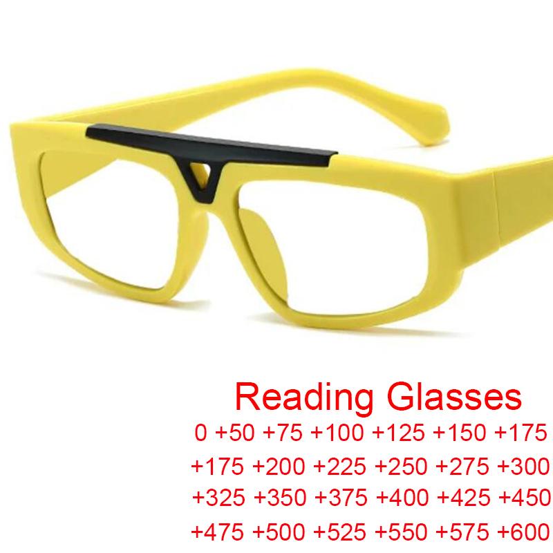 Square Blue Light Blocking Reading Glasses for Men Fashion Yellow Small Frame Double Bridge Hollow Out Prescription Eyewear