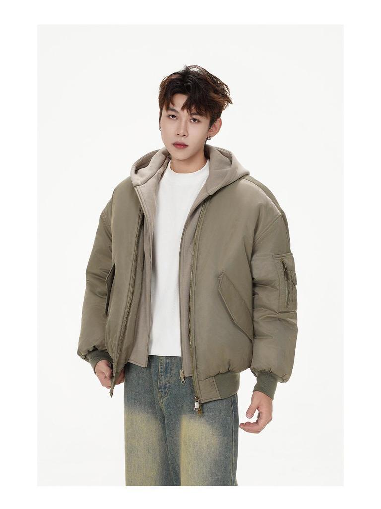 Herren Winter Kapuzen-Faux-Zweiteiler Fliegerjacke - Trendiger Patchwork Baseballmantel