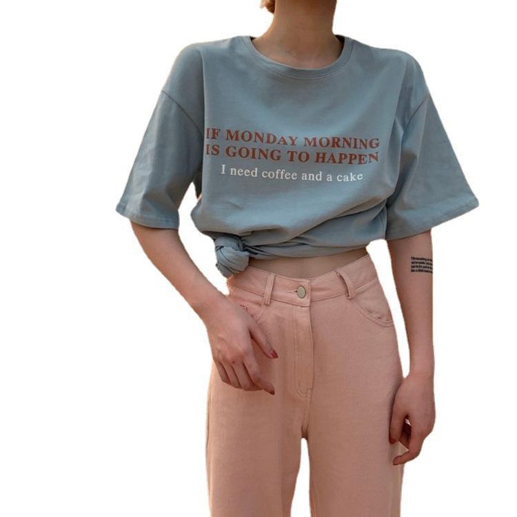 Корейская версия футболки с короткими рукавами и буквенным принтом для женщин, летние повседневные топы для студентов, парные нижние рубашки для женщин