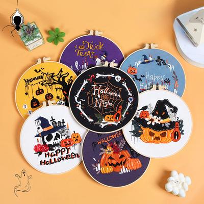 1PCS Embroidery Starter Kit For Beginners Halloween Stitch Kits With Embroidery Fabric Embroidery Hoops Threads And Needles