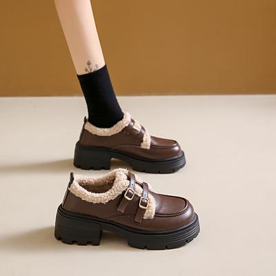 Britischer Stil Lederschuhe für Mädchen Winter Dicke Sohle Lammwolle Warm Uniform Schule Baumwollschuhe Plüsch PU Frau 2025