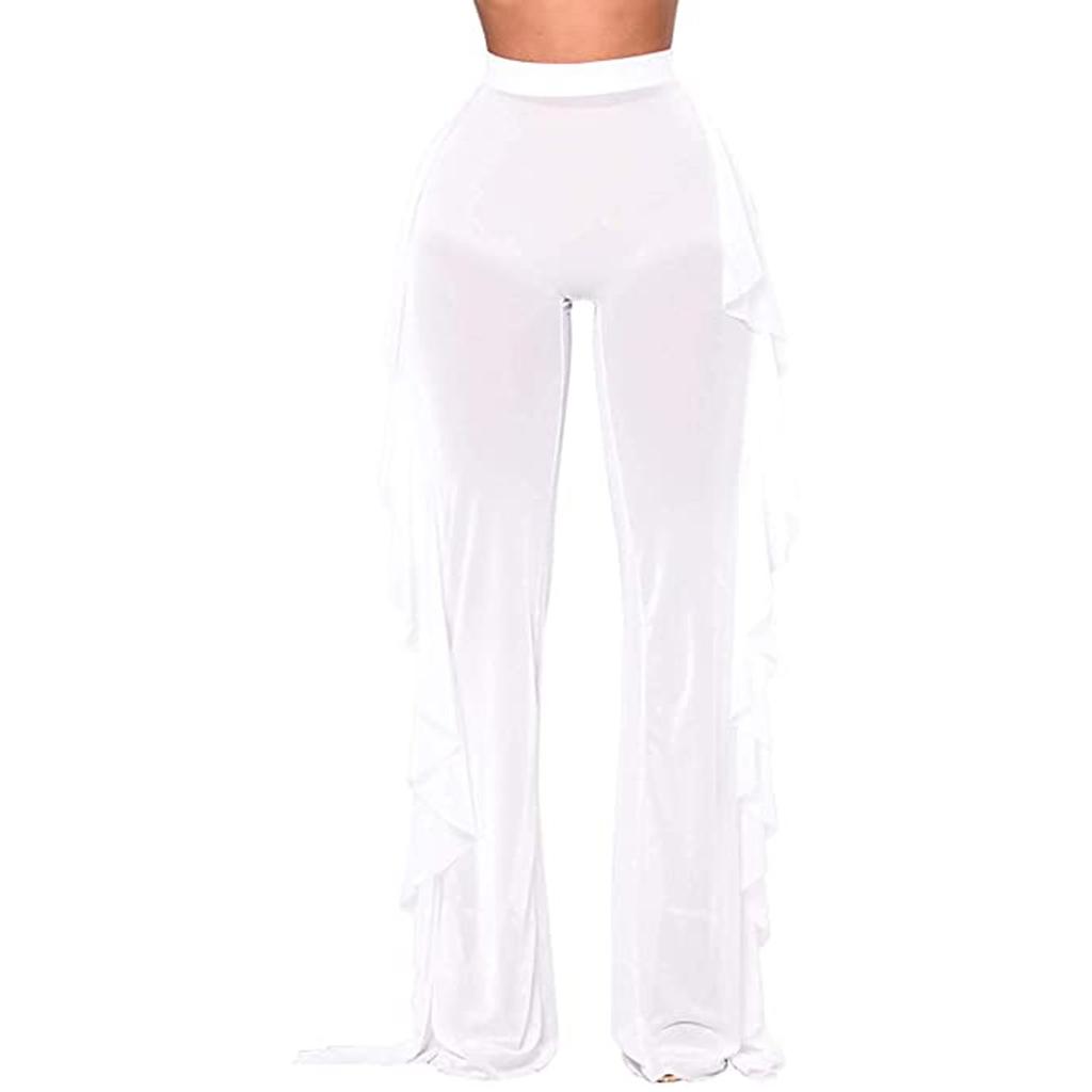 Women's Pleated Mesh Trousers Thin Transparent Irregular Full Length Pants