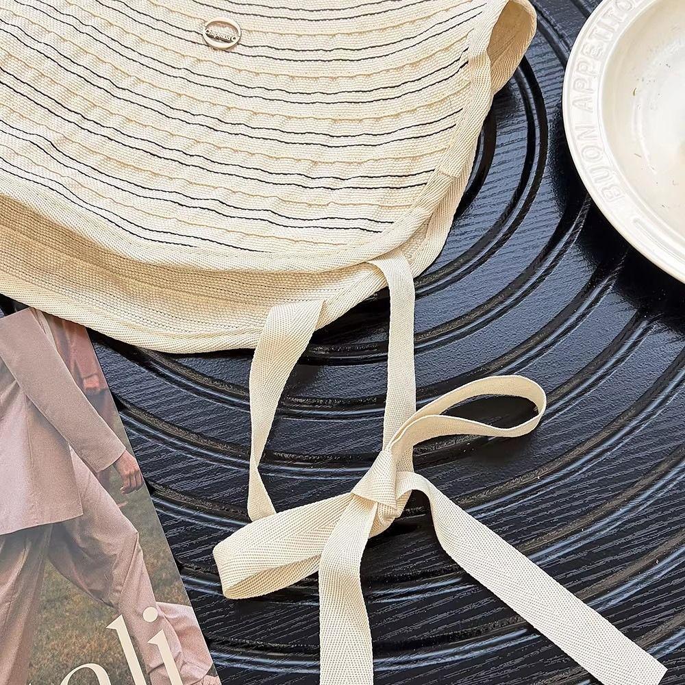 Ribbon Women Striped Fisherman Hat Wide Brim Bucket Hat Casual Sunscreen Visor Cap  Outdoor