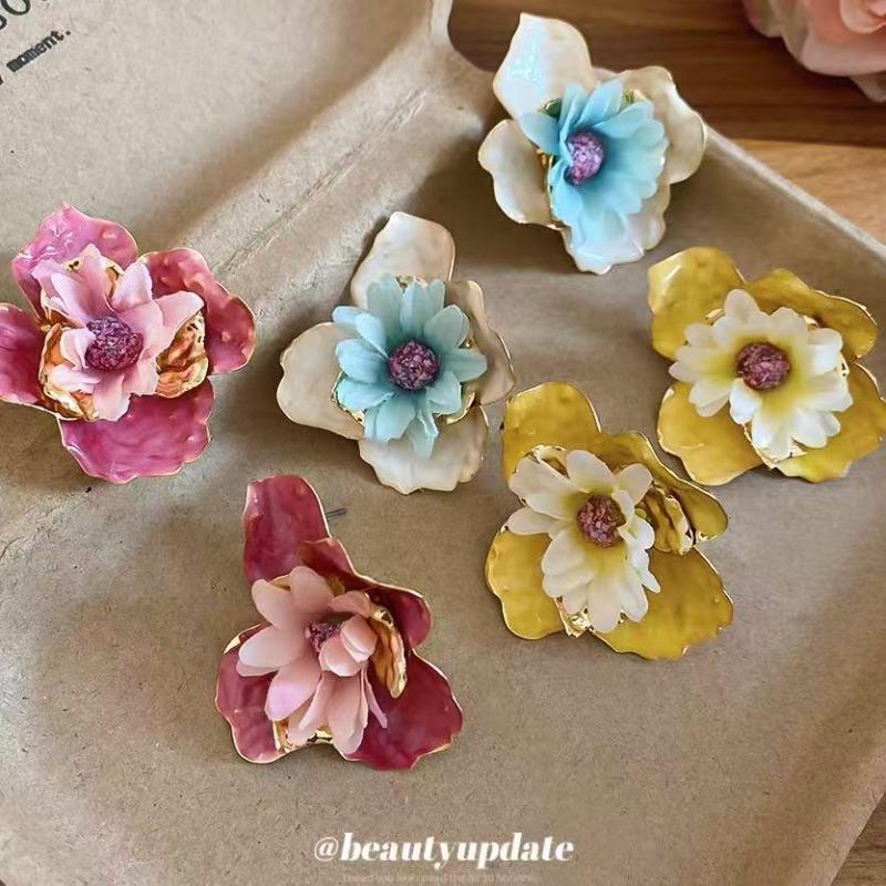 Steel needle oil dripping fabric flower stud earrings small fresh sweet elegant temperament earrings summer seaside vacation style earrings