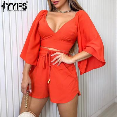 Women's Fashion Casual Solid Color Print 3/4 Sleeves V-Neck High Waist Shorts Suits