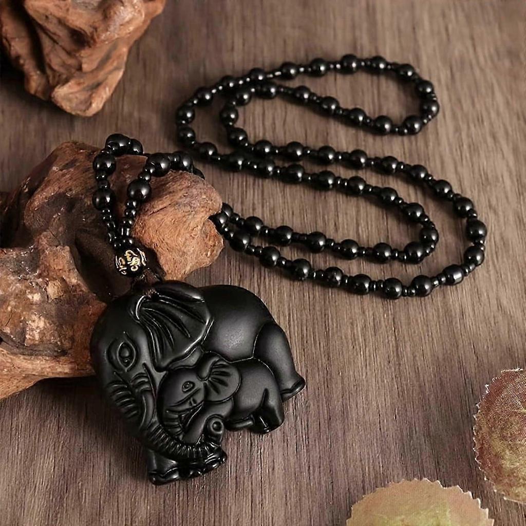Collana a catena con perline ciondolo animale elefante portafortuna in ossidiana, moda uomo e donna, ornamento amuleto fortunato, regalo, Nero