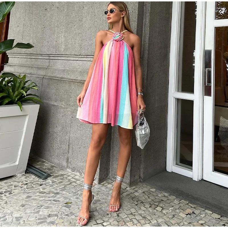 Цветное полосатое платье-халтер для женщин с 3D-цветком — фото 6