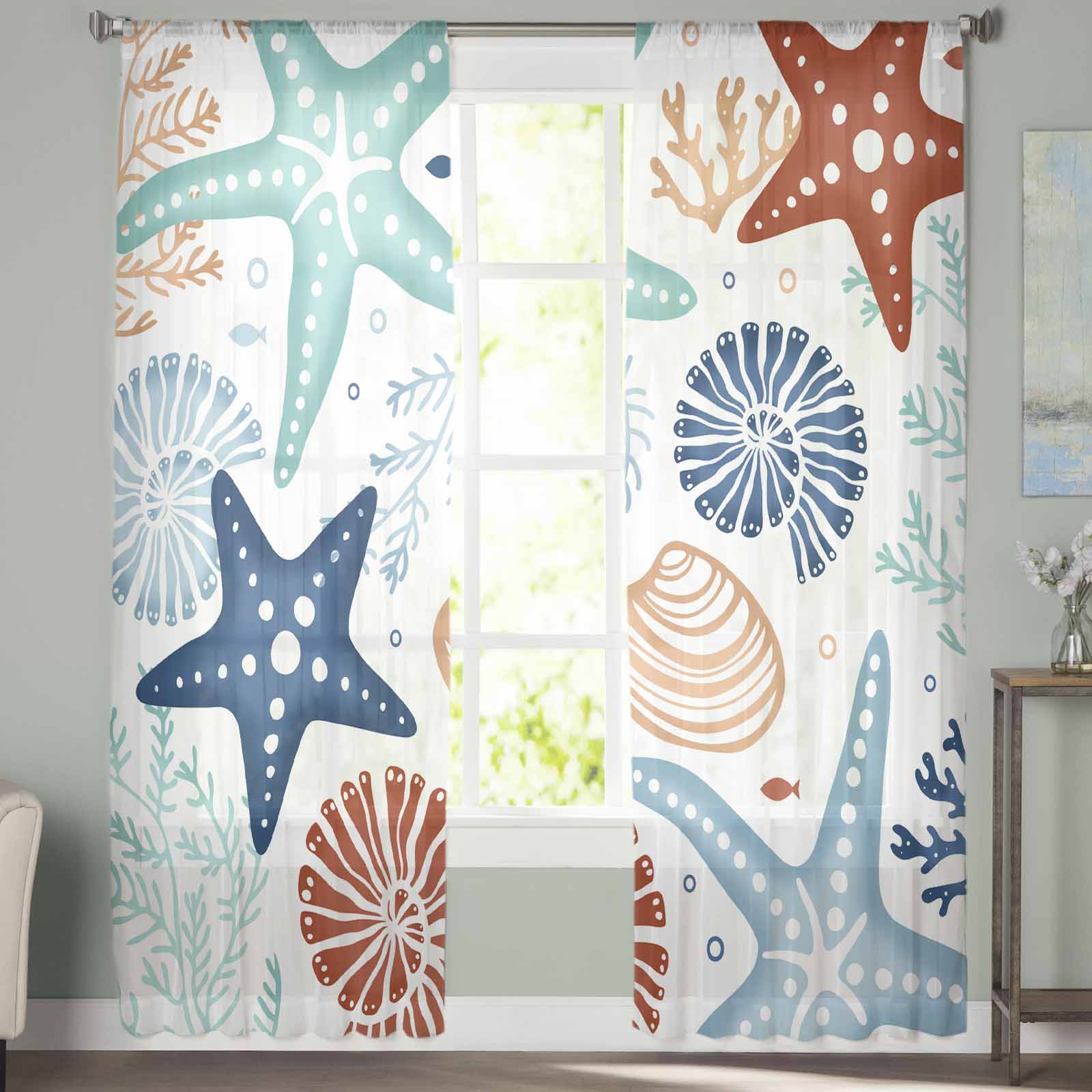 Морские коралловые морские звезды ракушки утки зеленые синие тюль занавески для гостиной — фото 3