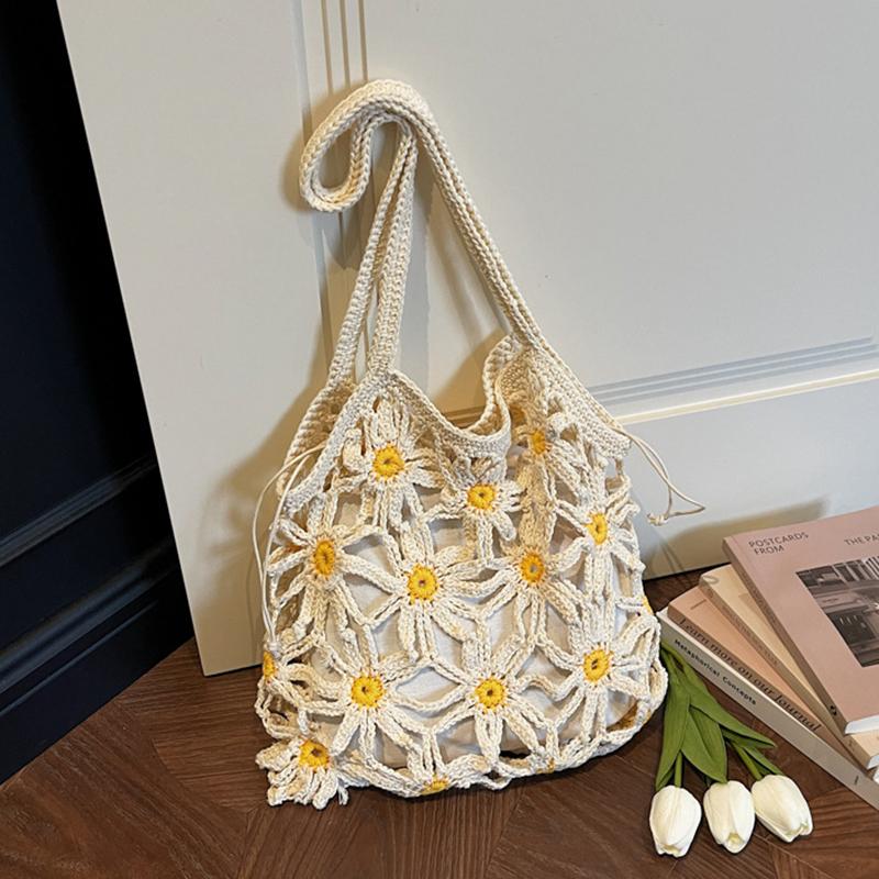 Yogodlns New Woven Versatile Straw Shoulder Bag for Women,Women Handmade Flower Hollow Woven Bag,Seaside Vacation Beach Bag 31x6x30cm бежевый