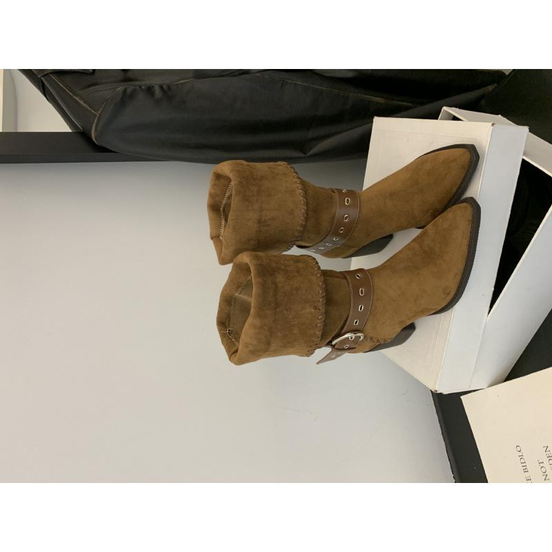 

Knight boots women s 2025 autumn and winter new belt buckle stacking boots retro pointed mid boots travel boots 39 коричневий